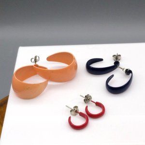 Vintage Enamel Hoop Earrings Bundle, Lot of Colorful Stud Hoops, 3 Pr